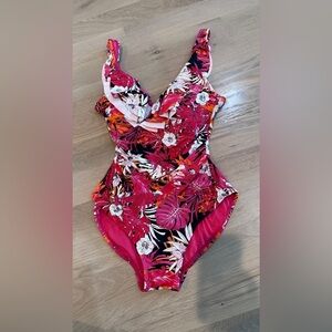 Tommy Hilfiger Pink Ruffle Floral One Piece Swim Suit Scoop Back size 8